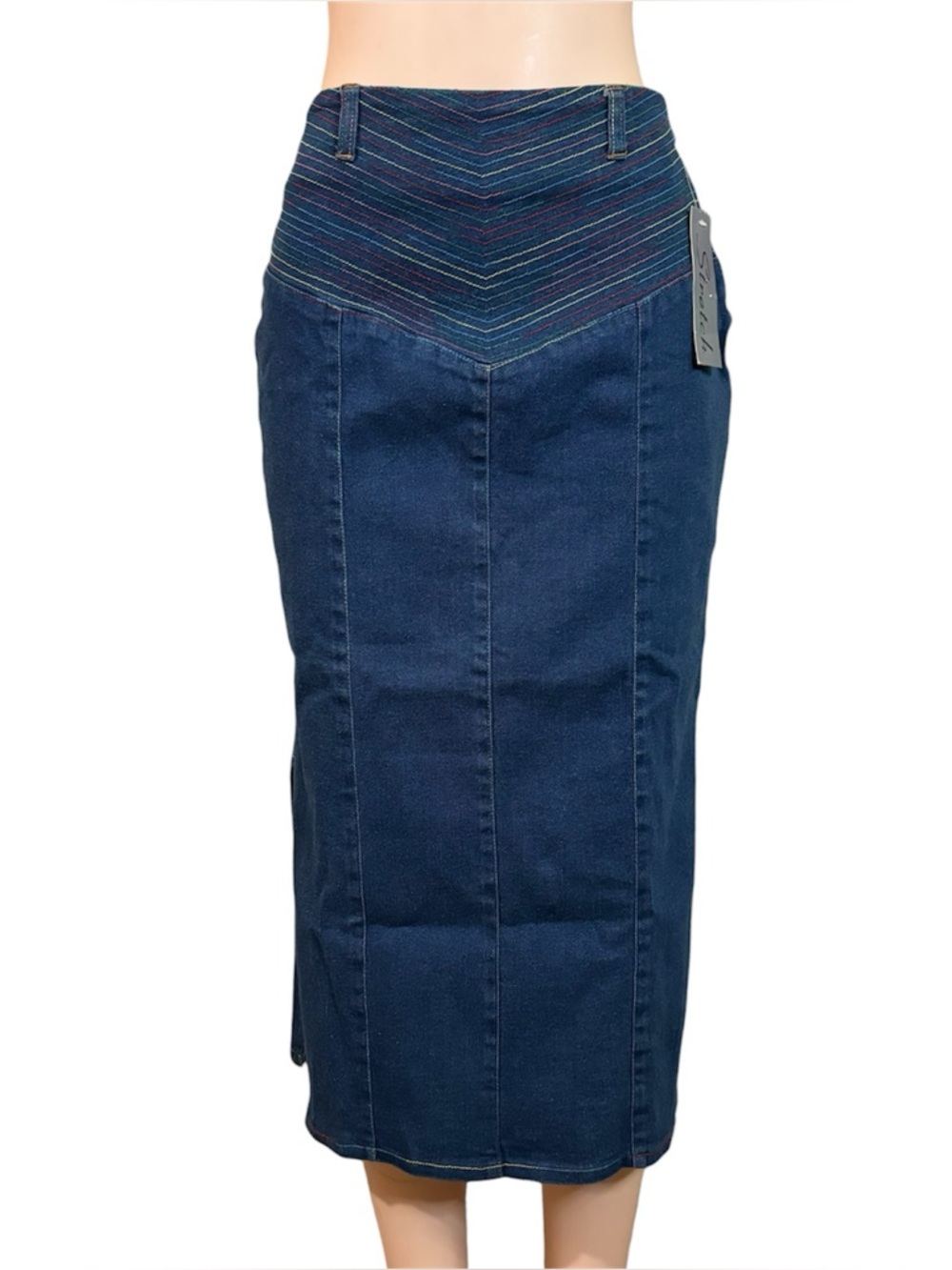 Vintage Y2K Denim Maxi Skirt Sz 8 Blue Colorful Stitch Embroidered Slit festival